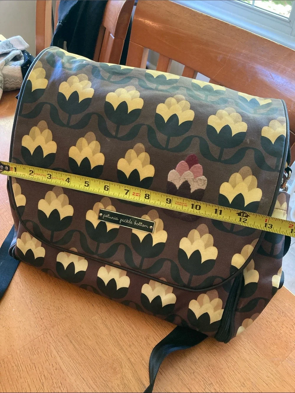 Petunia Pickle Bottom Brown Floral Messenger Diaper Bag with Yellow Tulip Motif